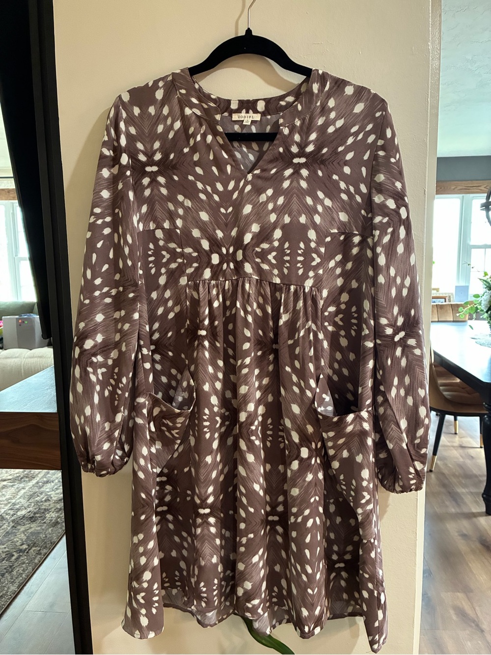 JODIFL Light Brown Long Sleeve V-Neck Tiered Dress with White Dot Pattern